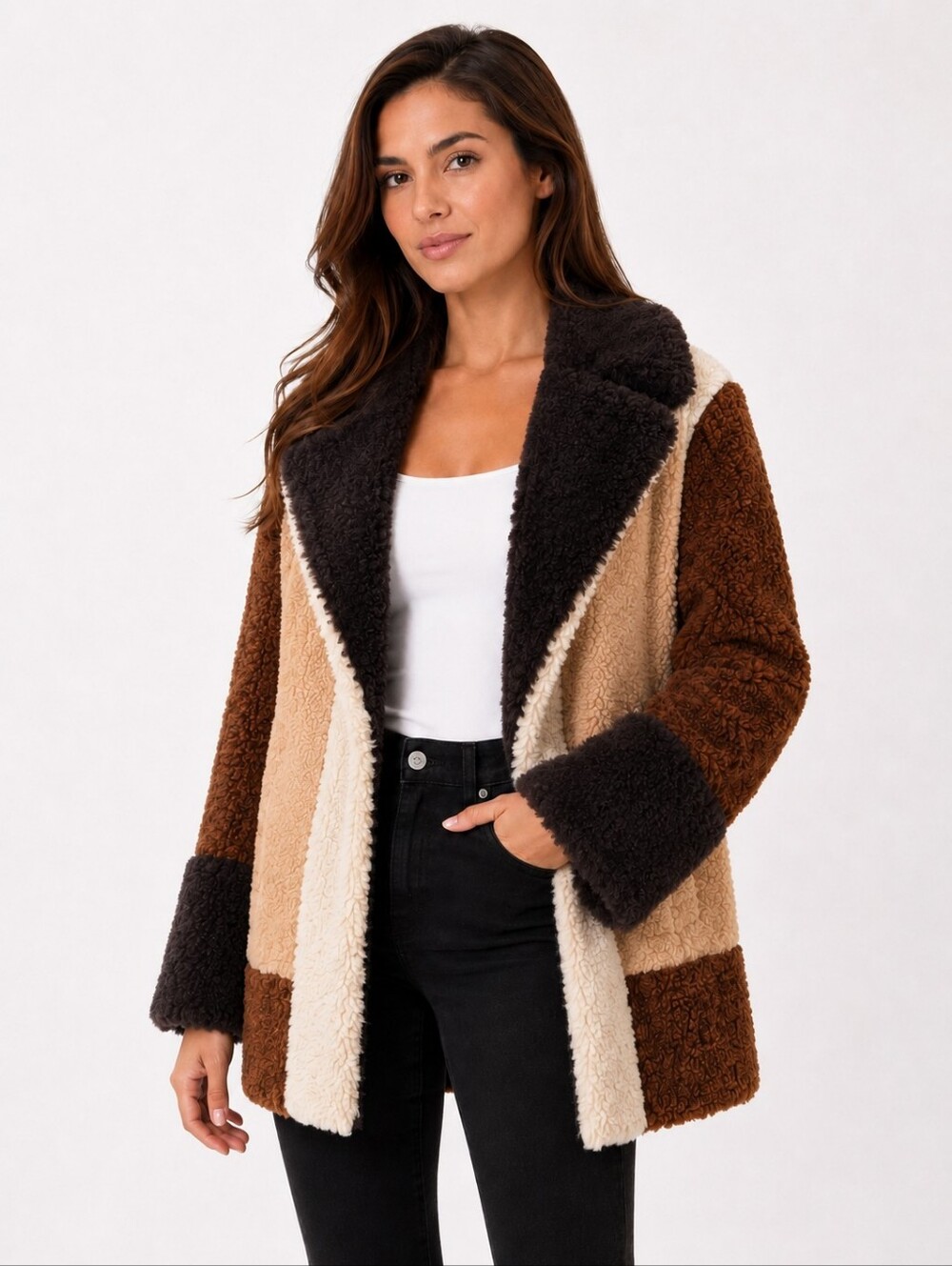 A.L.C. Stefan Colorblocked Teddy Coat Faux Fur Tan Brown Size S